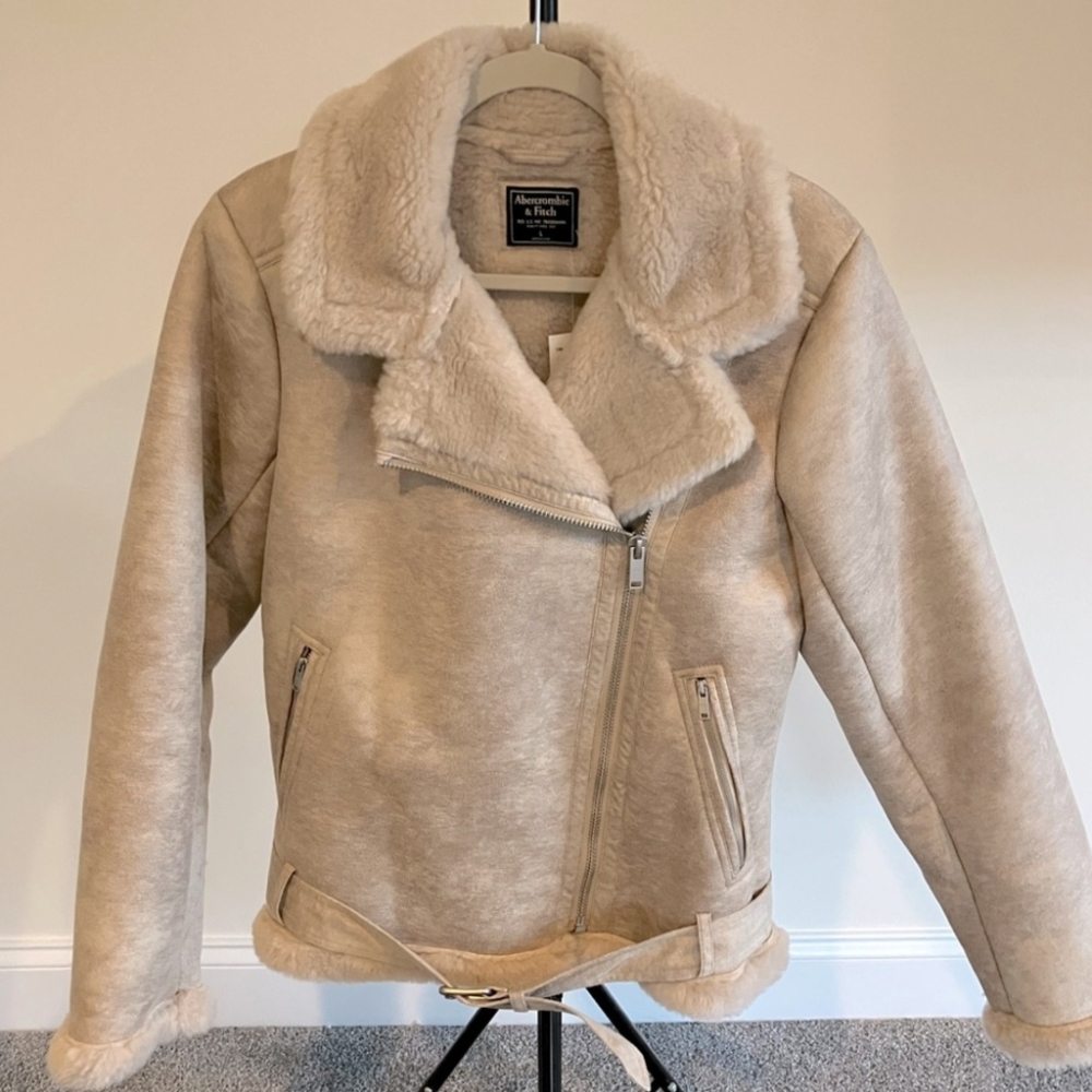 ⭐️Abercrombie & Fitch Faux Suede Shearling Moto/Aviator Jacket Women - Large⭐️